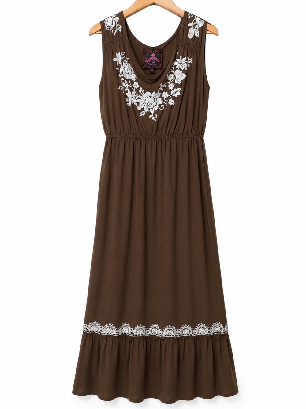 JW Los Angeles Brown Embroidered Boho Dress 1X Midi Floral Empire Waist